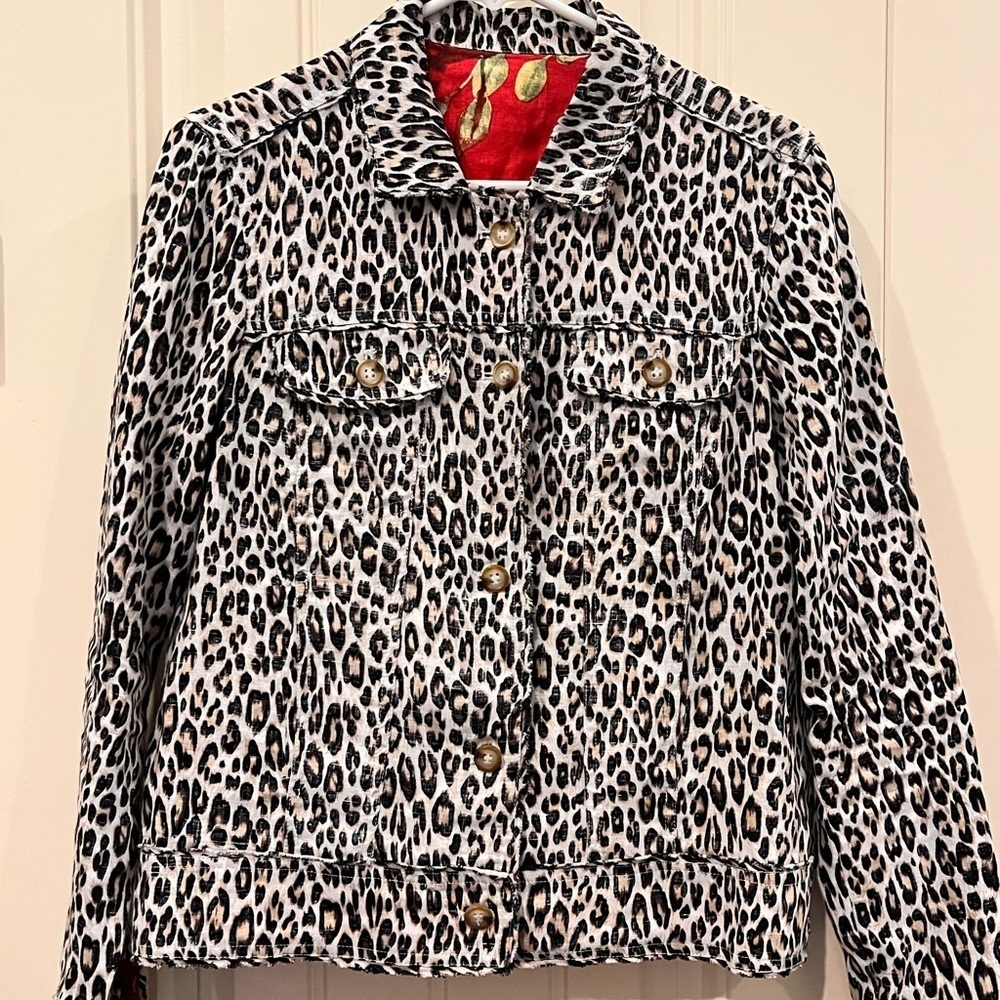 Animal Print Linen Blend Jacket Womens Size Medium Super Cute Lightweight Chic